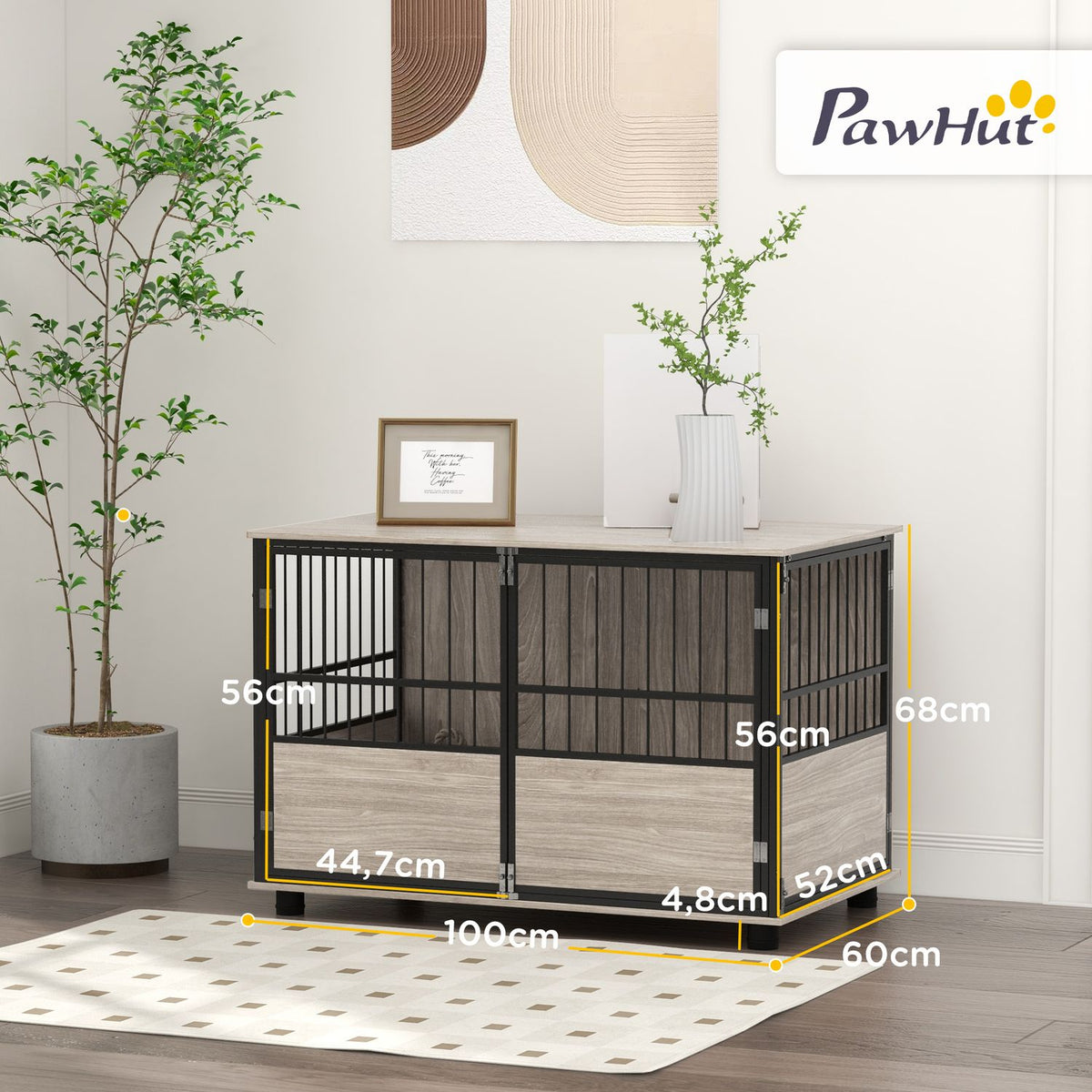 Dog cage for home, dog house, non-slip pet cage, dog box with doors, dog house for up to large dogs, walnut, 100x60x68cm