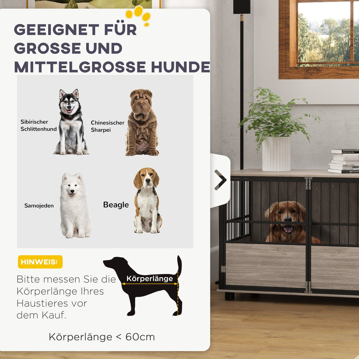 Dog cage for home, dog house, non-slip pet cage, dog box with doors, dog house for up to large dogs, walnut, 100x60x68cm