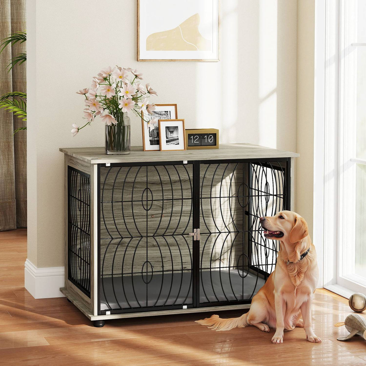 Dog cage for home, dog kennel, indoor pet cage with cushion, dog house with window, dog crate for large dogs, gray, 100 x 60 x 73.5 cm |
