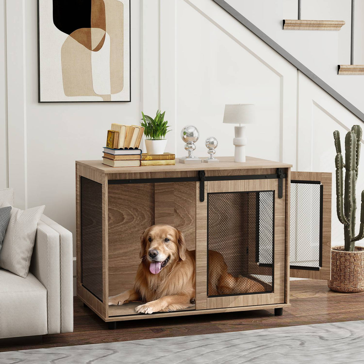 Dog cage furniture, dog box with 2 lockable doors, side table for home, dog house for large dogs under 30 kg, steel, 98 x 60 x 78 cm, walnut |