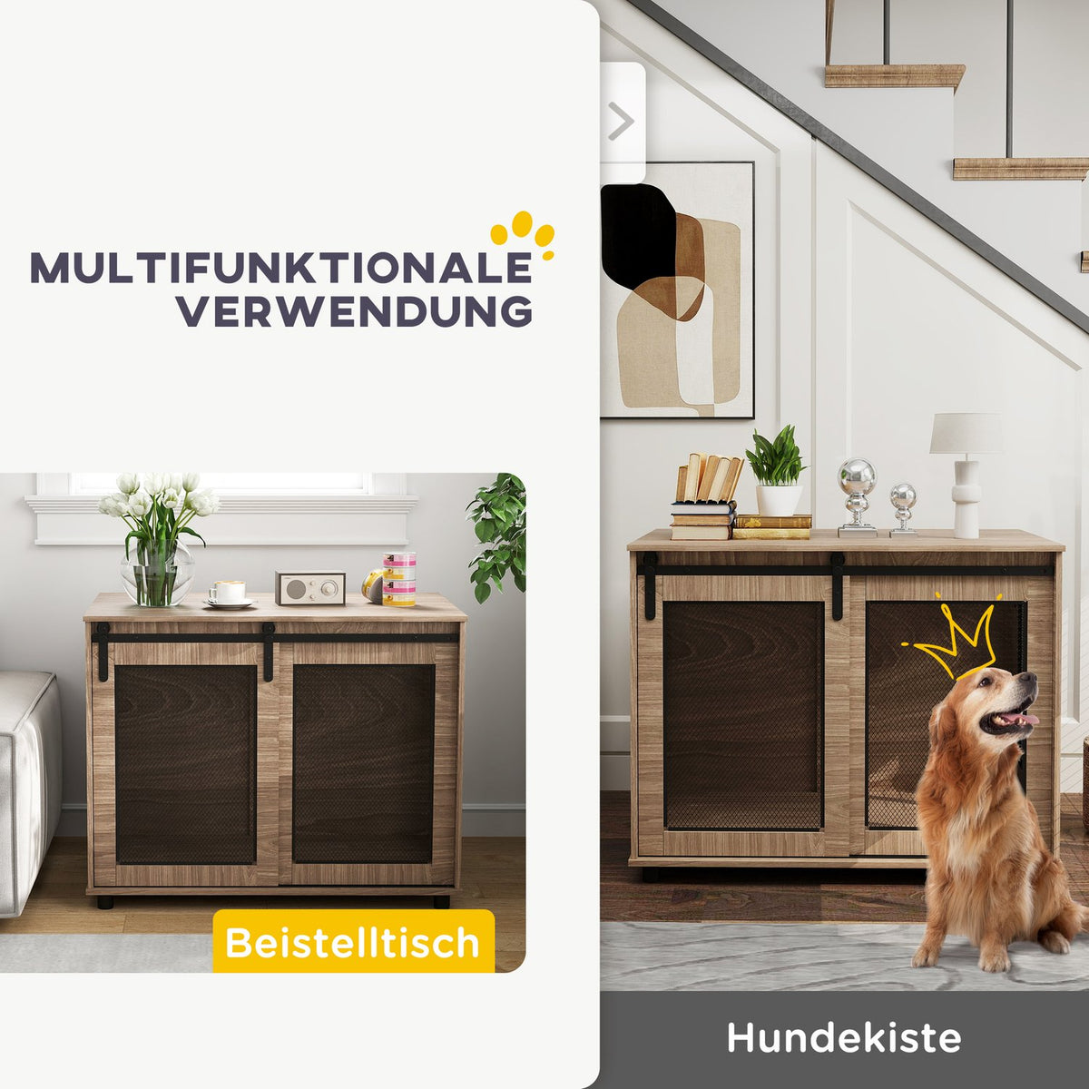 Dog cage furniture, dog box with 2 lockable doors, side table for home, dog house for large dogs under 30 kg, steel, 98 x 60 x 78 cm, walnut |