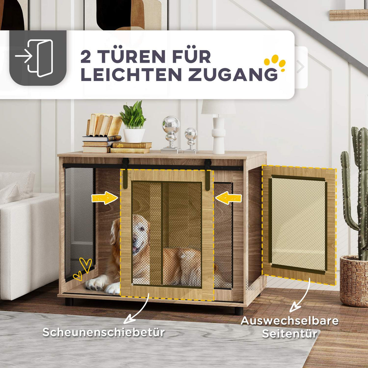 Dog cage furniture, dog box with 2 lockable doors, side table for home, dog house for large dogs under 30 kg, steel, 98 x 60 x 78 cm, walnut |