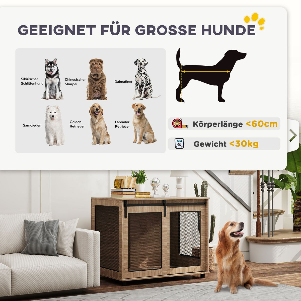 Dog cage furniture, dog box with 2 lockable doors, side table for home, dog house for large dogs under 30 kg, steel, 98 x 60 x 78 cm, walnut |