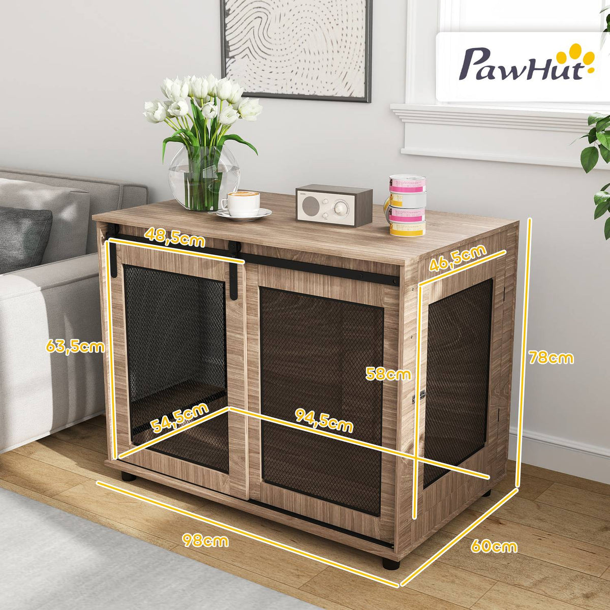 Dog cage furniture, dog box with 2 lockable doors, side table for home, dog house for large dogs under 30 kg, steel, 98 x 60 x 78 cm, walnut |