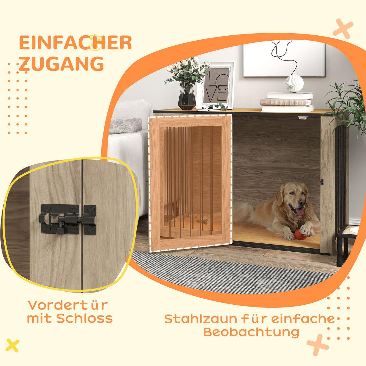 Dog cage furniture, dog box with door and window, side table for home, dog house for large dogs under 30 kg, steel, 106 x 60 x 76 cm, oak