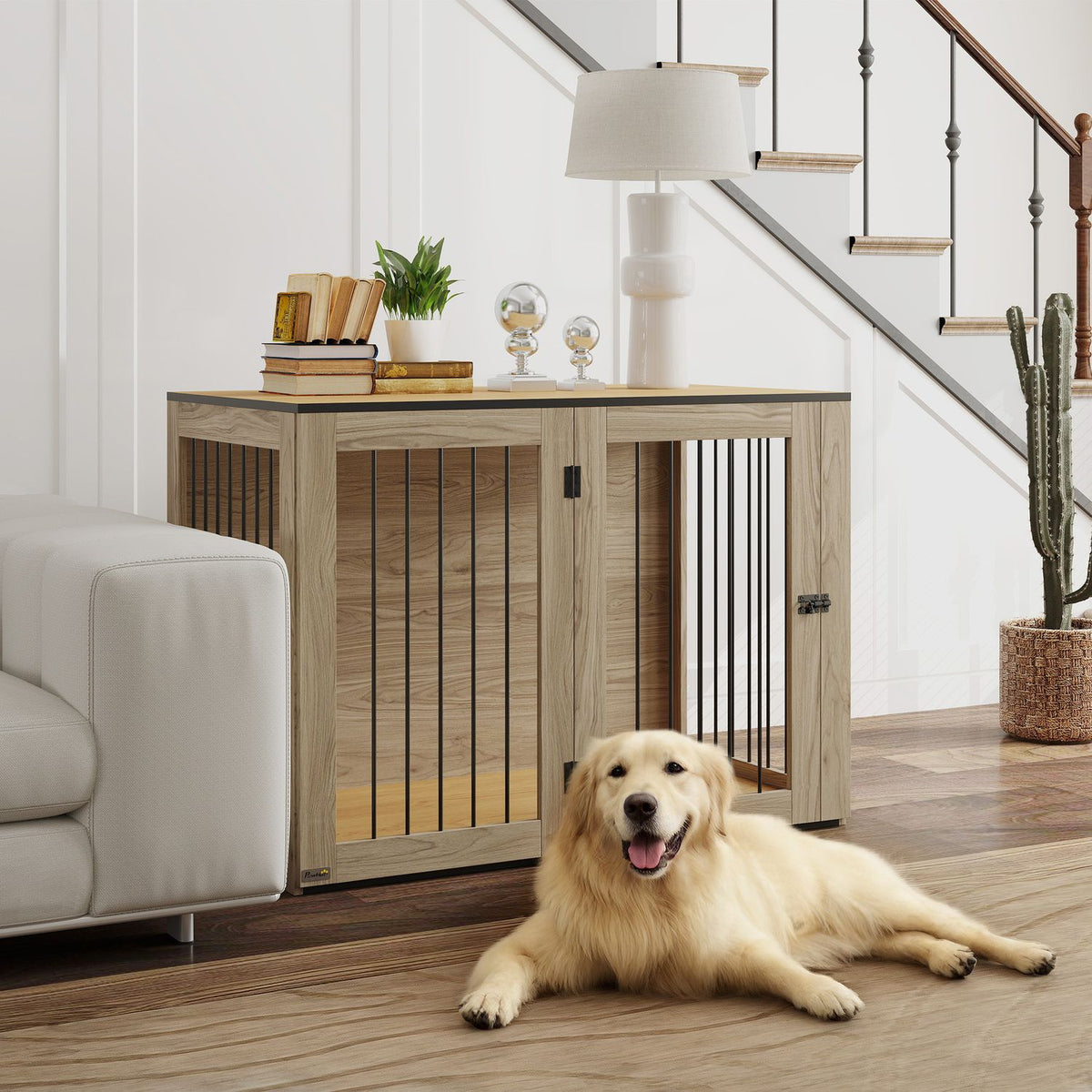 Dog cage furniture, dog box with door and window, side table for home, dog house for large dogs under 30 kg, steel, 106 x 60 x 76 cm, oak