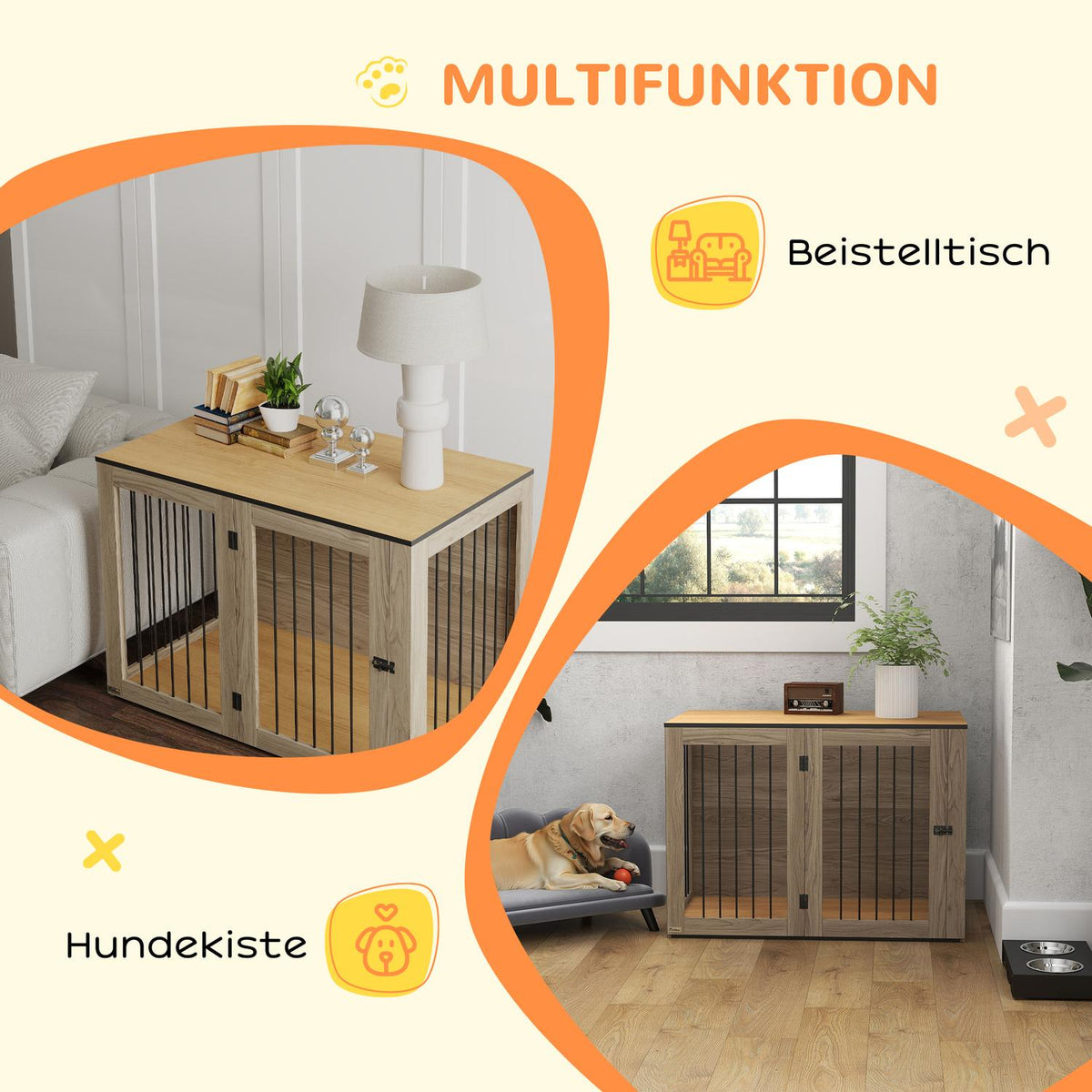 Dog cage furniture, dog box with door and window, side table for home, dog house for large dogs under 30 kg, steel, 106 x 60 x 76 cm, oak