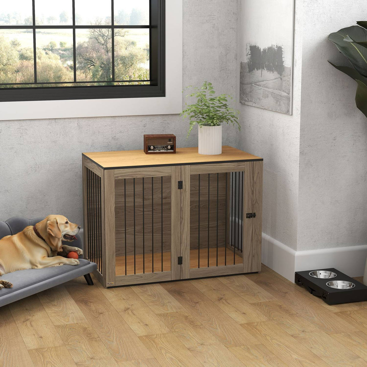 Dog cage furniture, dog box with door and window, side table for home, dog house for large dogs under 30 kg, steel, 106 x 60 x 76 cm, oak