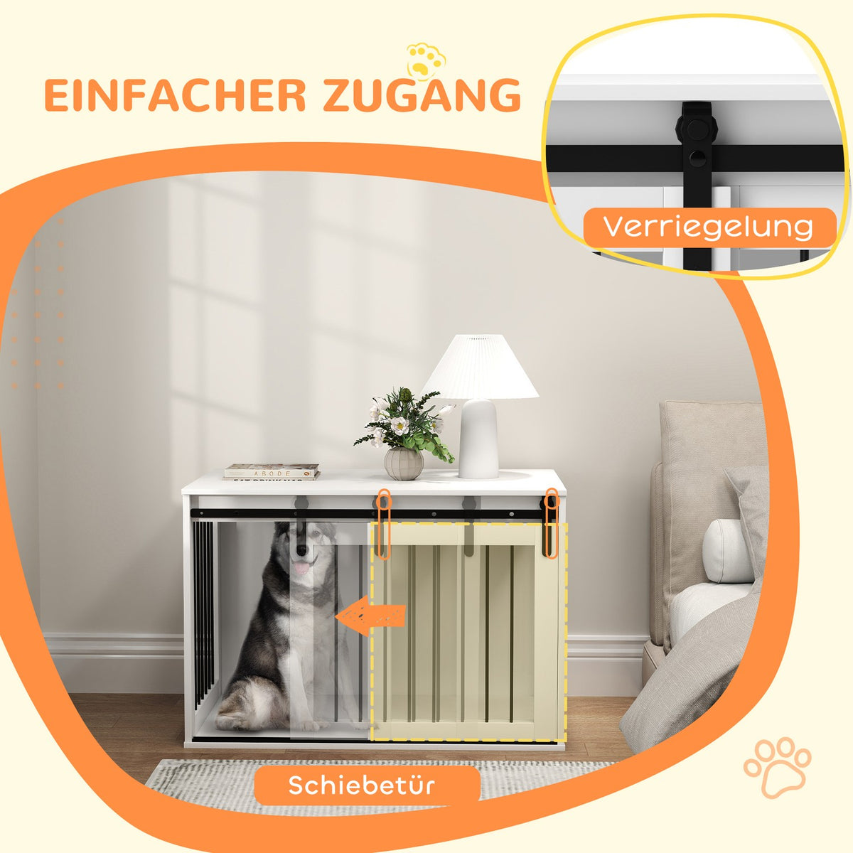 Dog crate with sliding door, ventilation, chipboard and steel, 98 x 58 x 61 cm, White