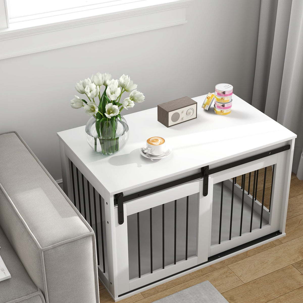 Dog crate with sliding door, ventilation, chipboard and steel, 98 x 58 x 61 cm, White