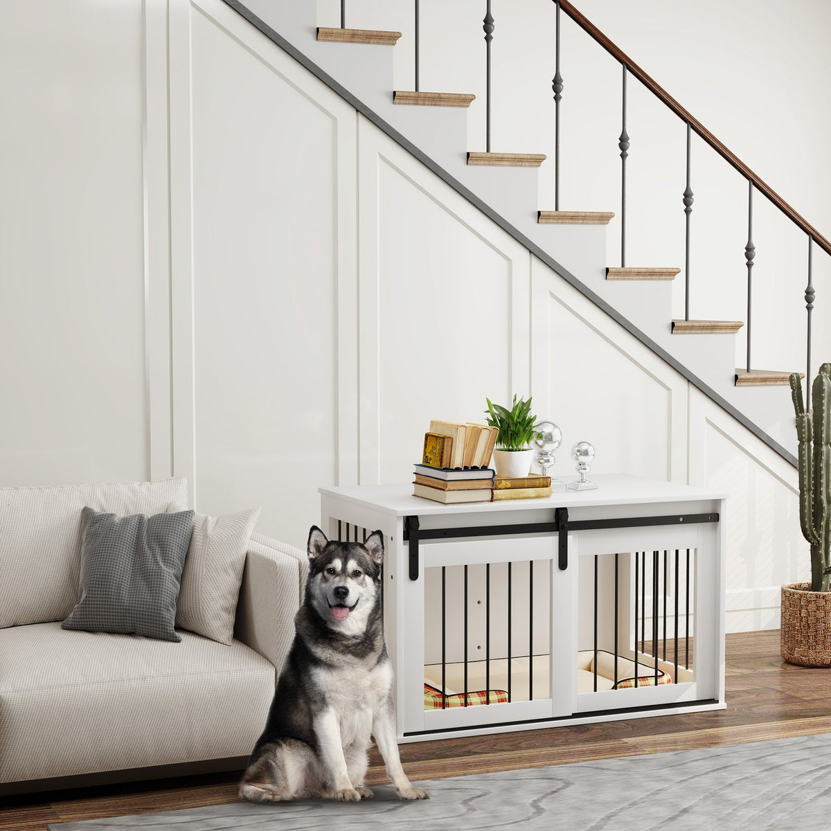 Dog crate with sliding door, ventilation, chipboard and steel, 98 x 58 x 61 cm, White