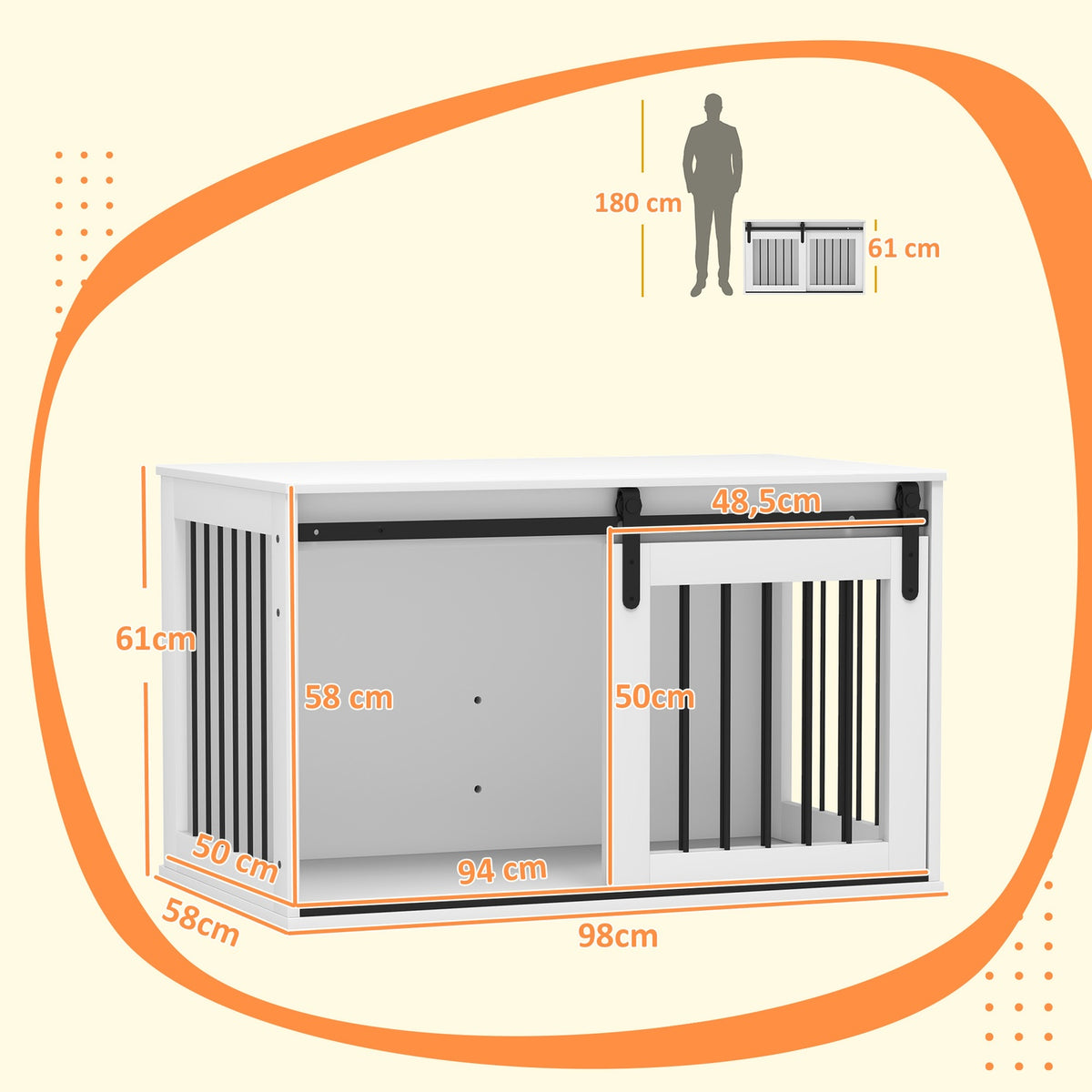Dog crate with sliding door, ventilation, chipboard and steel, 98 x 58 x 61 cm, White