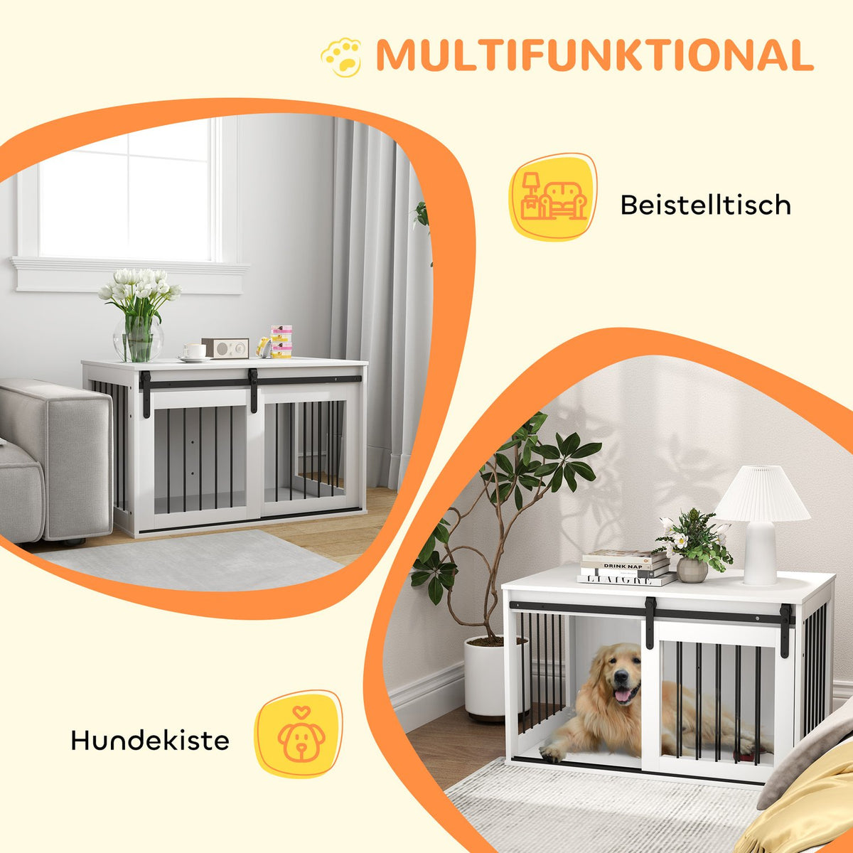 Dog crate with sliding door, ventilation, chipboard and steel, 98 x 58 x 61 cm, White