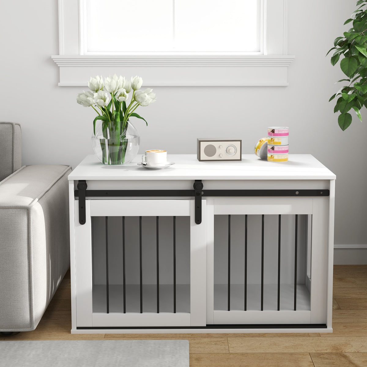 Dog crate with sliding door, ventilation, chipboard and steel, 98 x 58 x 61 cm, White