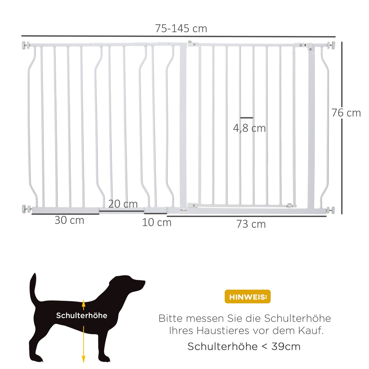 Dog door gate, length adjustable, installation without drilling, baby door gate, protective gate, two-way opening, white, 75-145 cm
