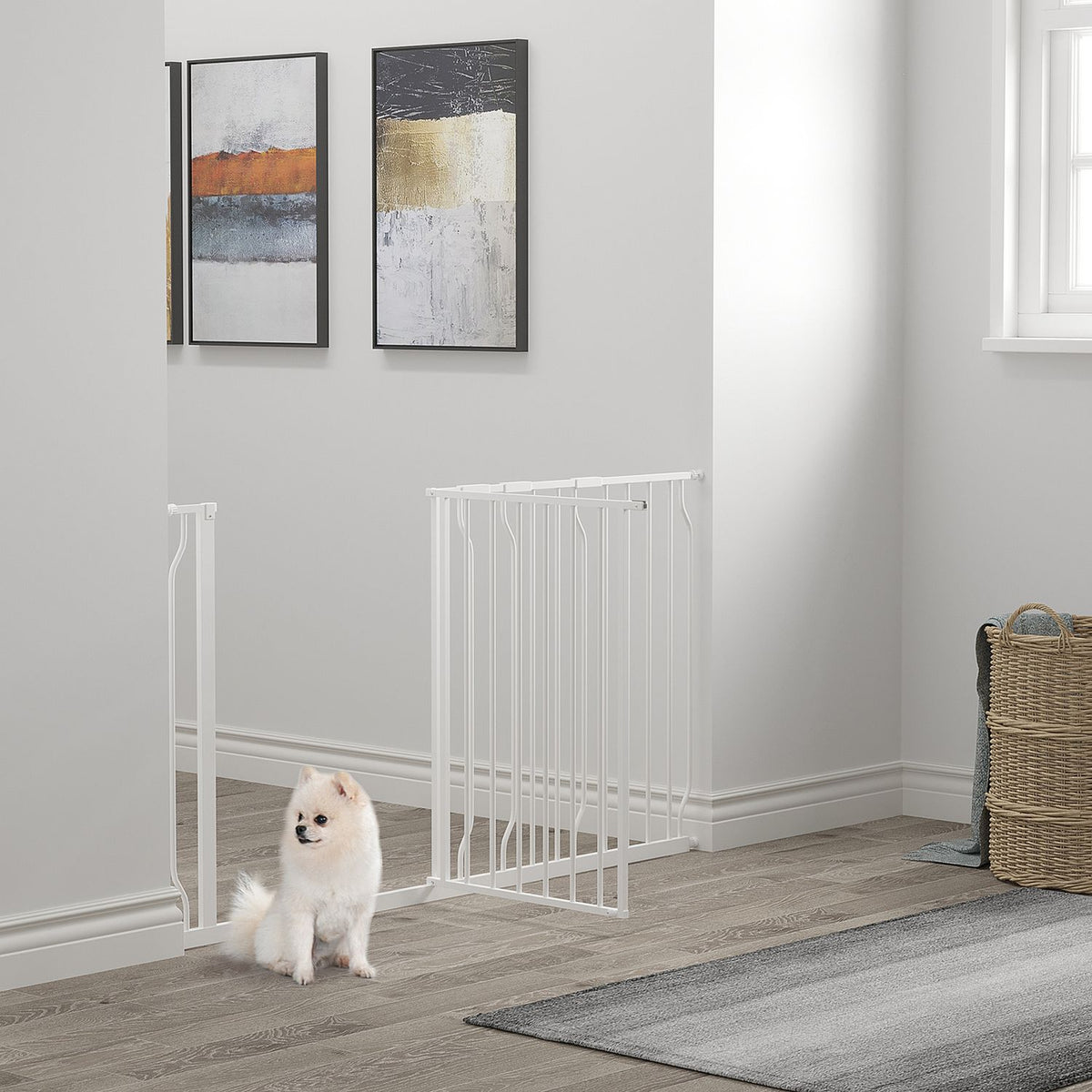 Dog door gate, length adjustable, installation without drilling, baby door gate, protective gate, two-way opening, white, 75-145 cm