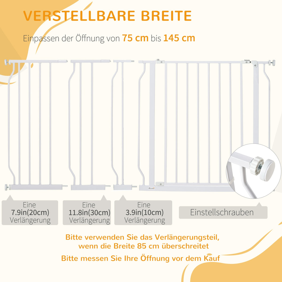 Dog door gate, length adjustable, installation without drilling, baby door gate, protective gate, two-way opening, white, 75-145 cm