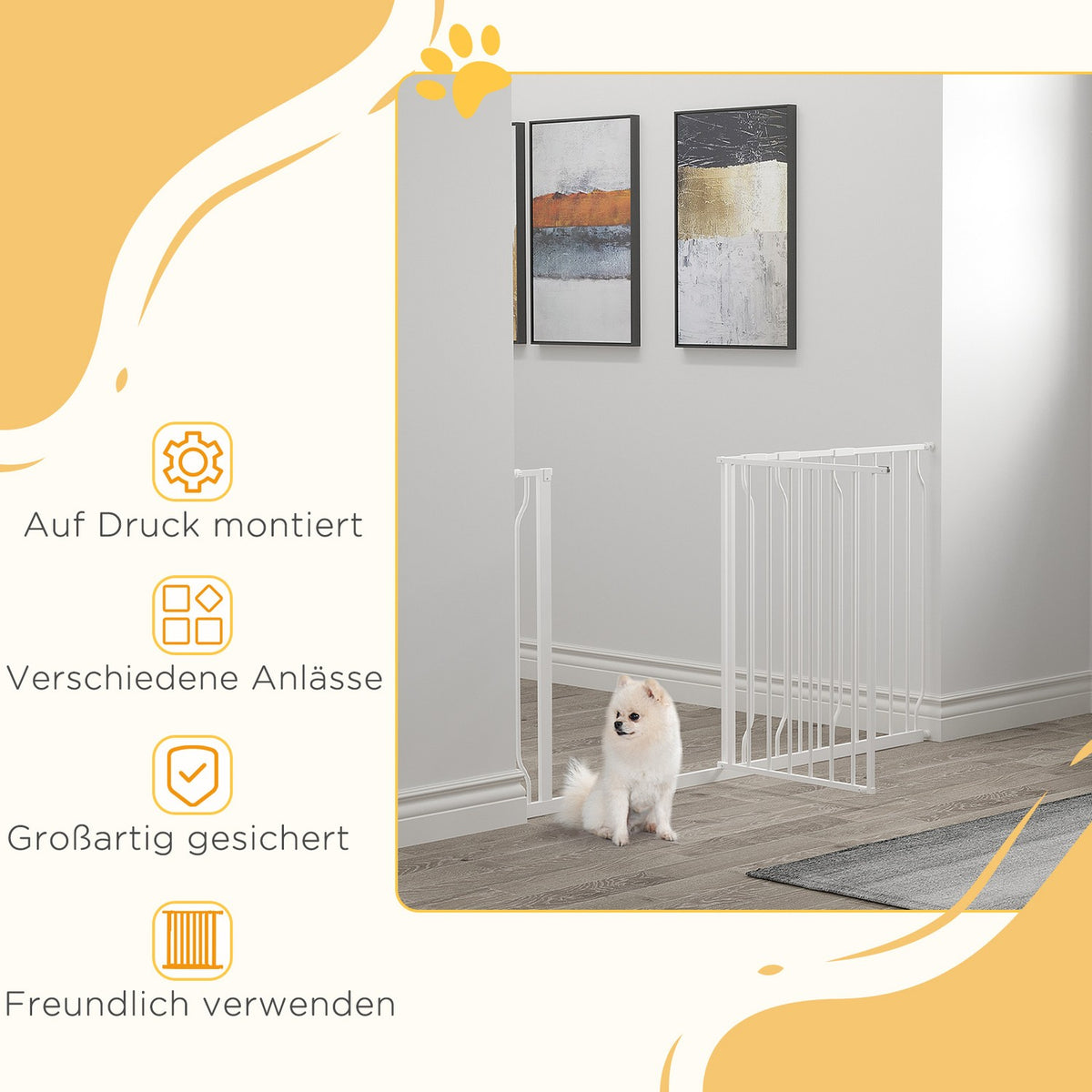 Dog door gate, length adjustable, installation without drilling, baby door gate, protective gate, two-way opening, white, 75-145 cm
