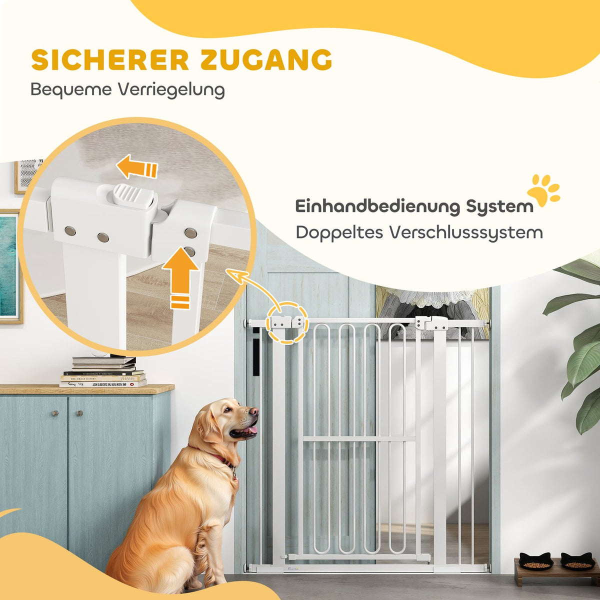 Dog door safety gate, 76-104 cm barrier without drilling, steel stair gate, stair gate, safety gate, safety gate for stairs, door, hallway, white