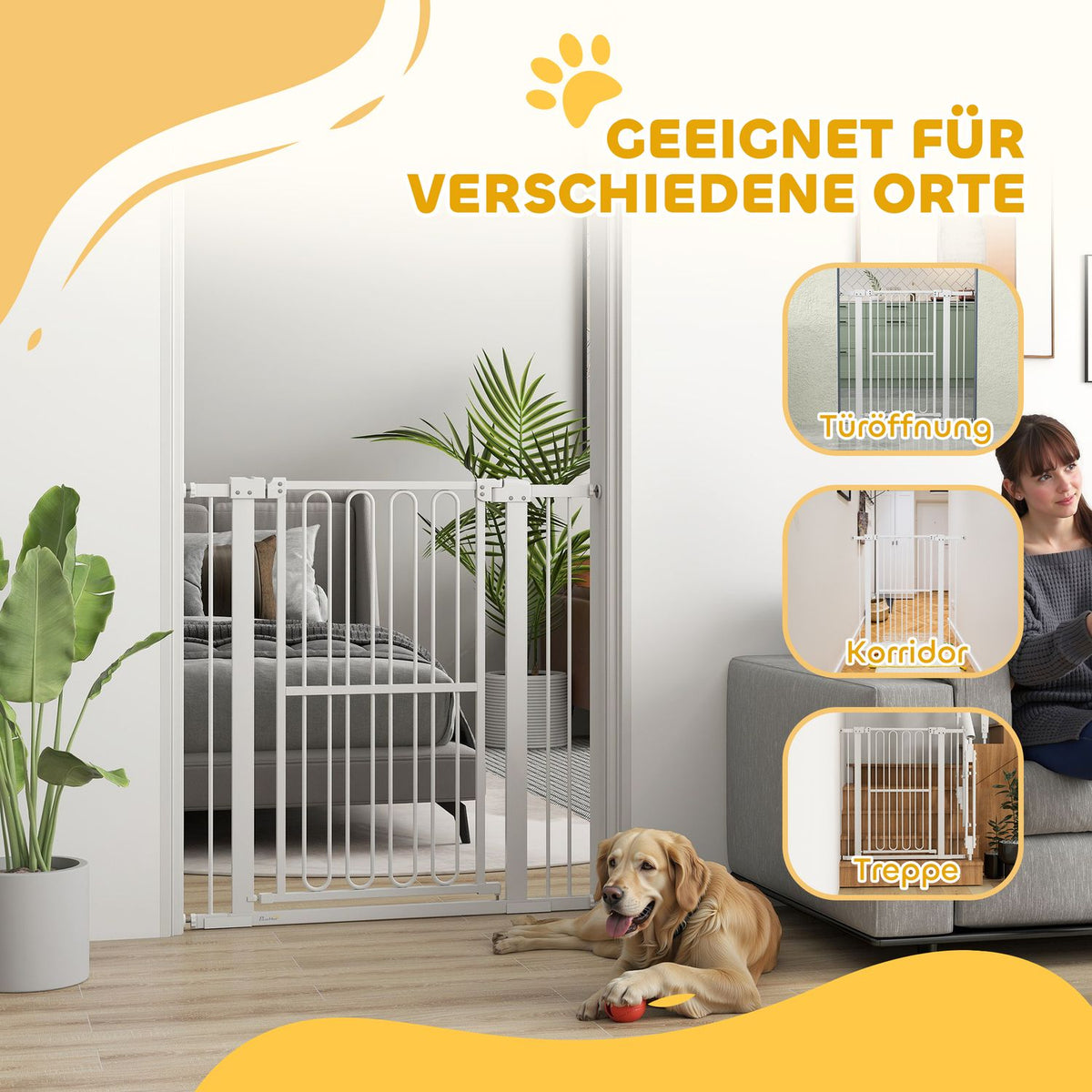 Dog door safety gate, 76-104 cm barrier without drilling, steel stair gate, stair gate, safety gate, safety gate for stairs, door, hallway, white