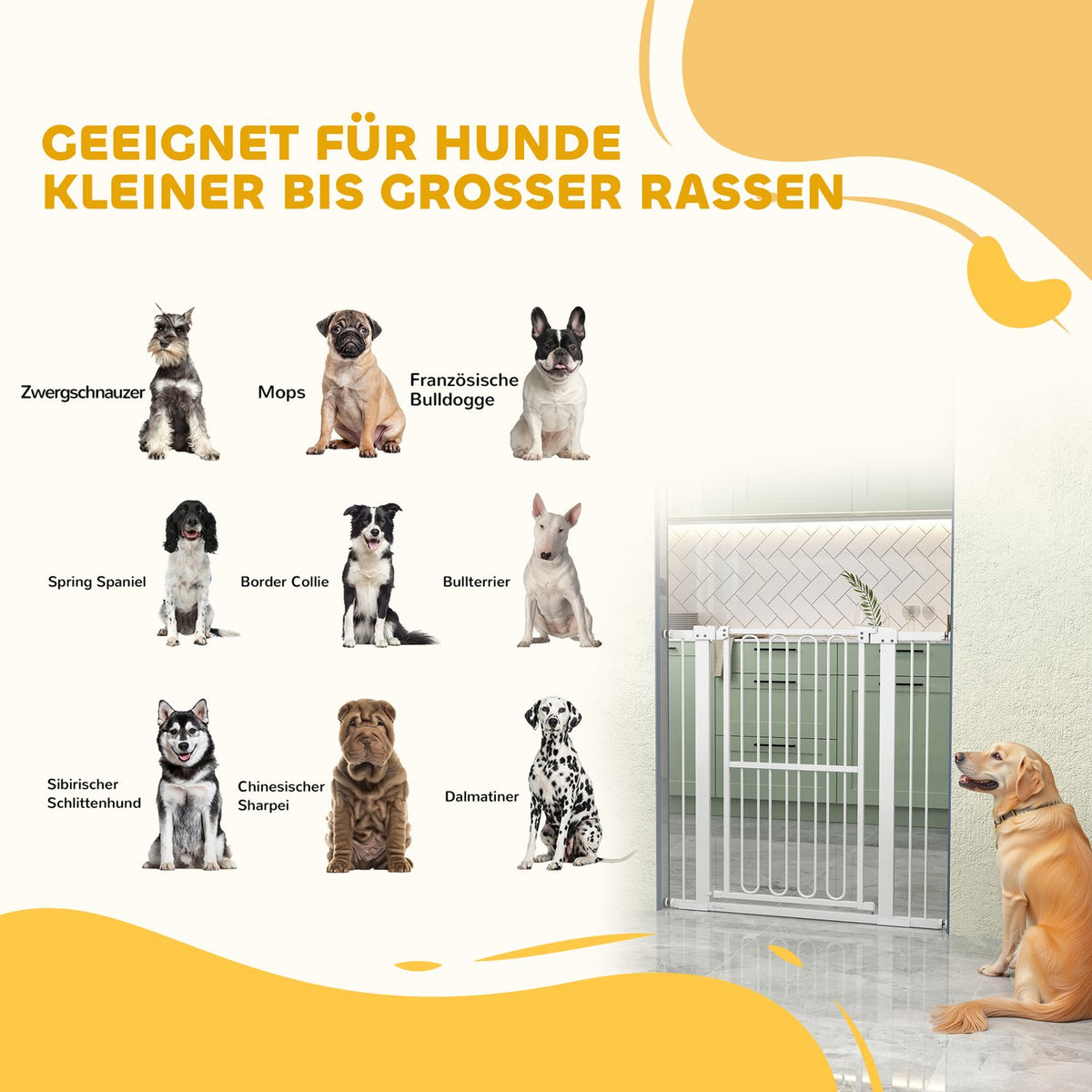 Dog door safety gate, 76-104 cm barrier without drilling, steel stair gate, stair gate, safety gate, safety gate for stairs, door, hallway, white