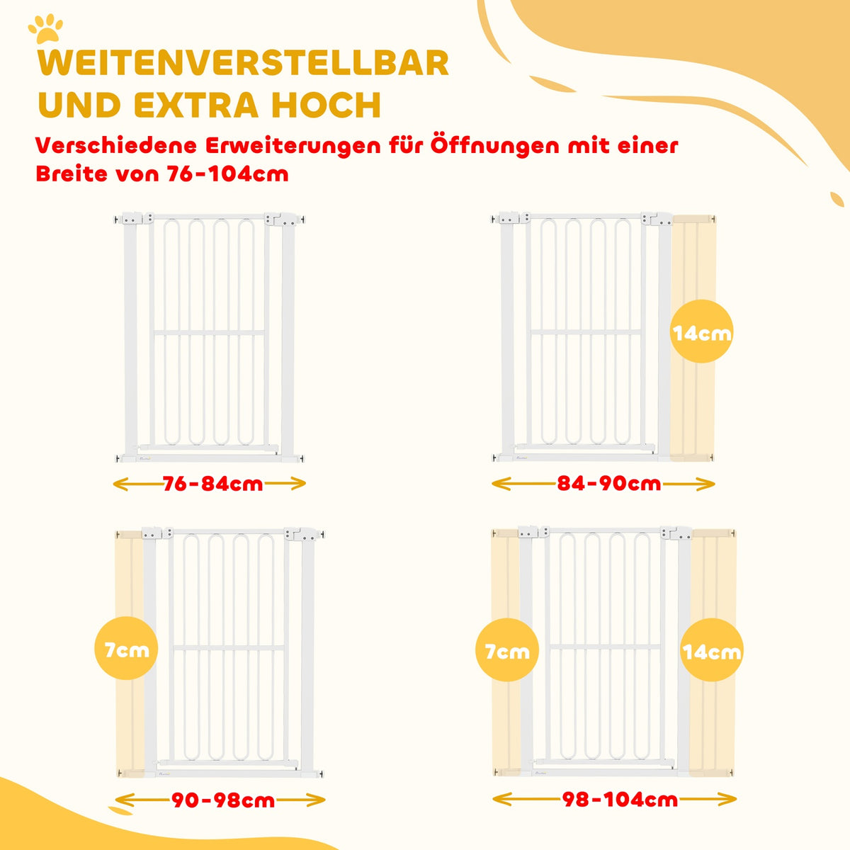 Dog door safety gate, 76-104 cm barrier without drilling, steel stair gate, stair gate, safety gate, safety gate for stairs, door, hallway, white