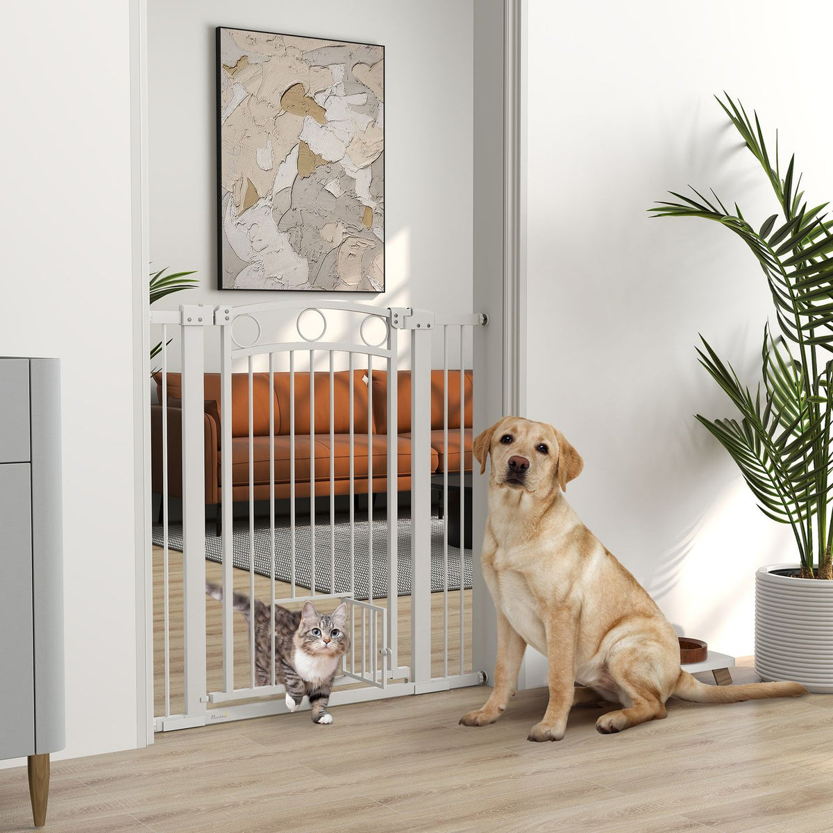 Dog door safety gate, 76-104 cm barrier without drilling, steel stair gate, stair gate with cat door, protective gate, safety gate for stairs, door, hallway, white