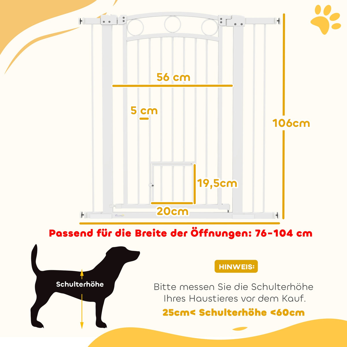 Dog door safety gate, 76-104 cm barrier without drilling, steel stair gate, stair gate with cat door, protective gate, safety gate for stairs, door, hallway, white