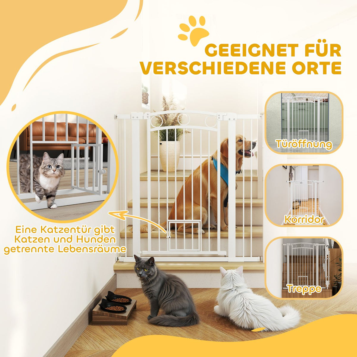Dog door safety gate, 76-104 cm barrier without drilling, steel stair gate, stair gate with cat door, protective gate, safety gate for stairs, door, hallway, white