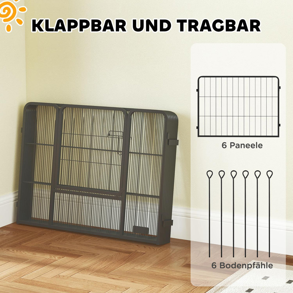Dog fence, pet enclosure, 6 panels, steel, foldable, grey