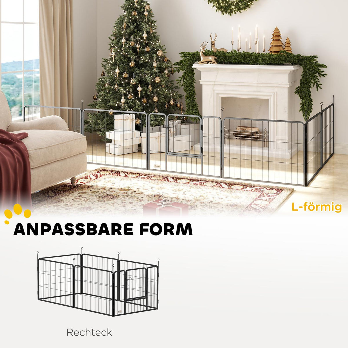 Dog fence, pet enclosure, 6 panels, steel, foldable, grey