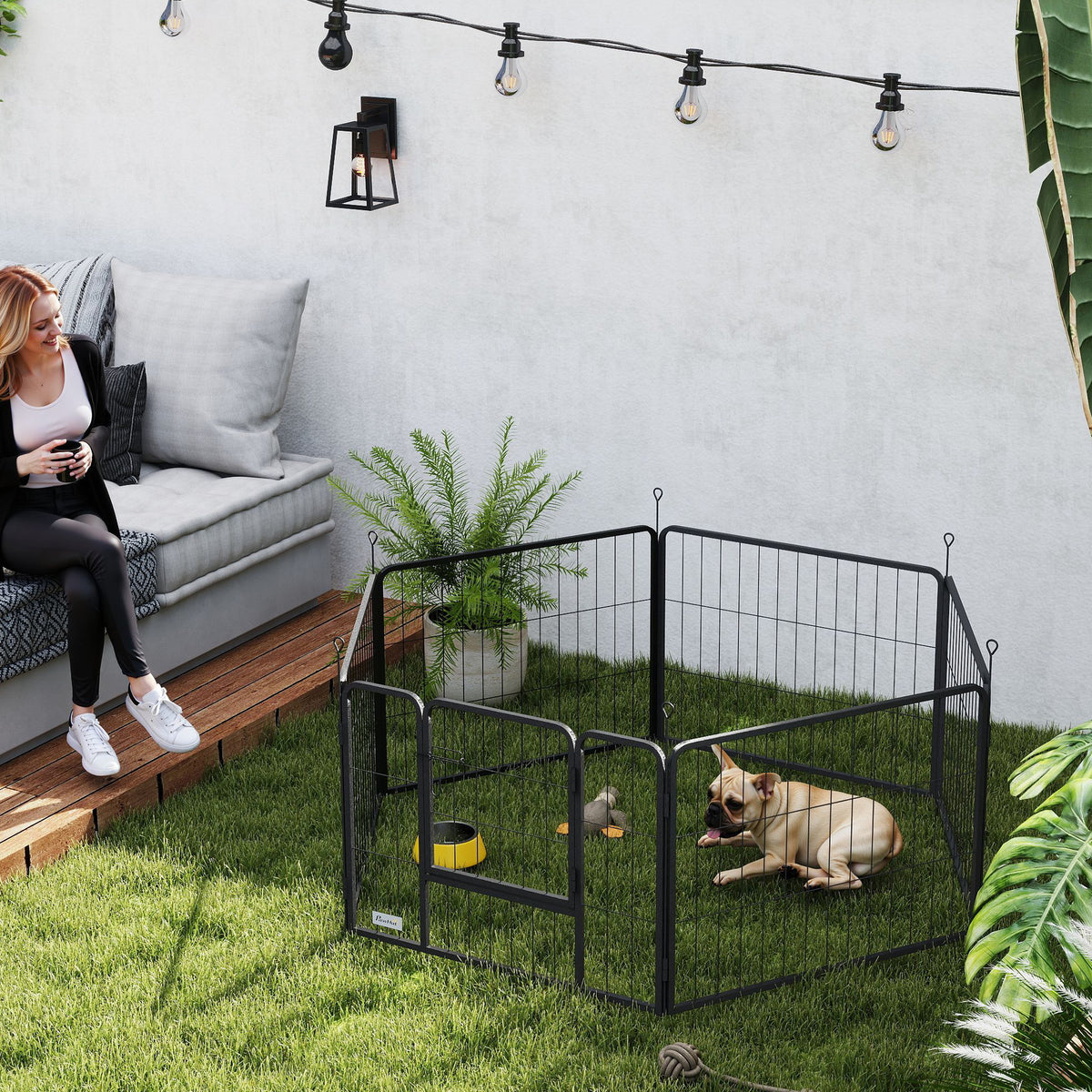 Dog fence, pet enclosure, 6 panels, steel, foldable, grey