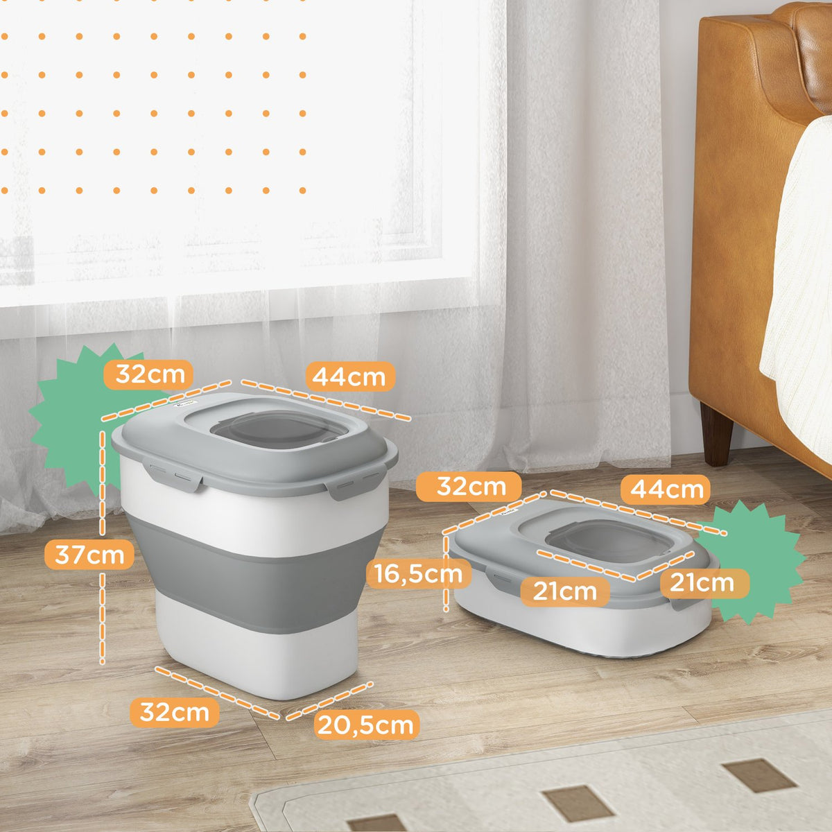 Dog food storage, 25L, 44x32x37cm, foldable, with 4-sided lid, wheels, bowls, measuring cup, scoop, plastic, gray