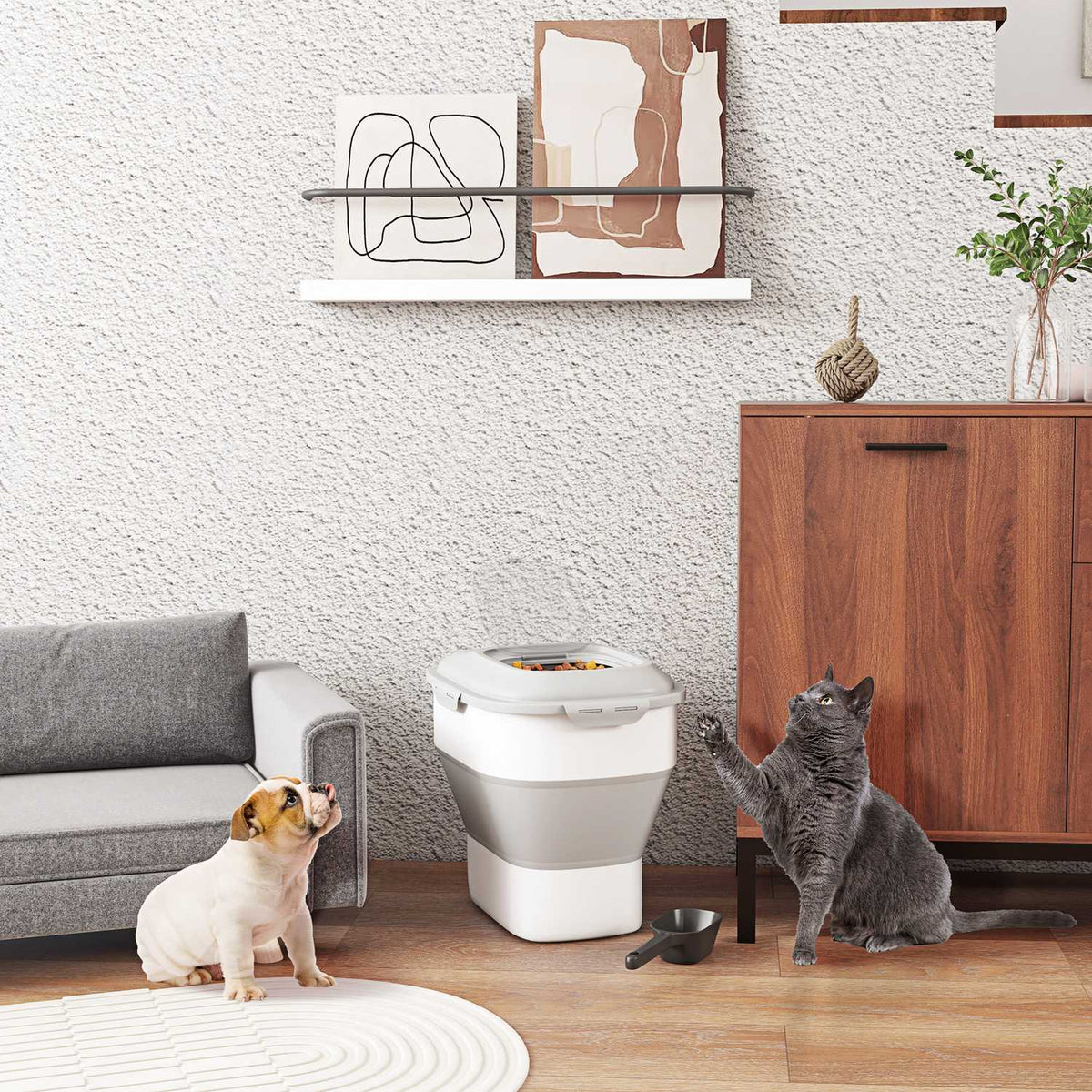 Dog food storage, 25L, 44x32x37cm, foldable, with 4-sided lid, wheels, bowls, measuring cup, scoop, plastic, gray