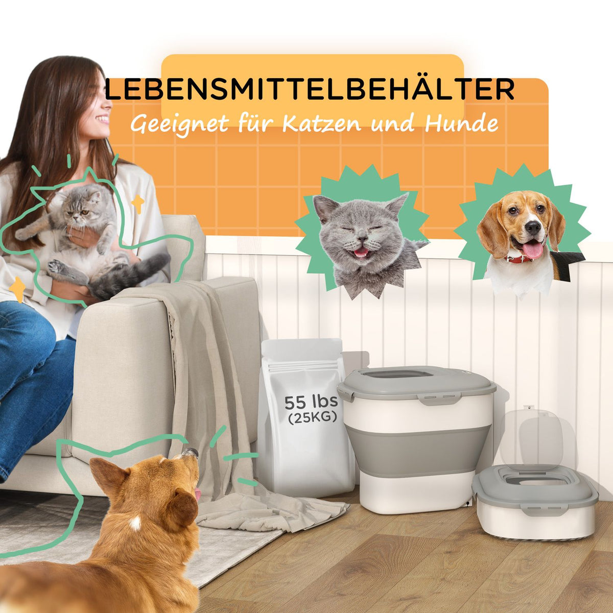 Dog food storage, 25L, 44x32x37cm, foldable, with 4-sided lid, wheels, bowls, measuring cup, scoop, plastic, gray