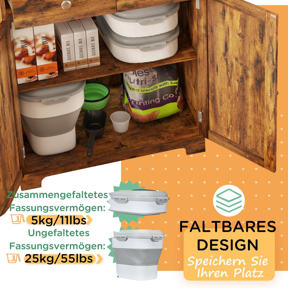 Dog food storage, 25L, 44x32x37cm, foldable, with 4-sided lid, wheels, bowls, measuring cup, scoop, plastic, gray