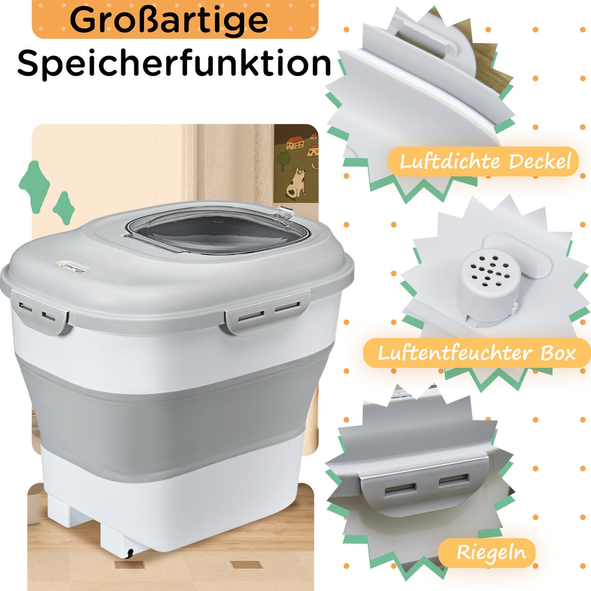 Dog food storage, 25L, 44x32x37cm, foldable, with 4-sided lid, wheels, bowls, measuring cup, scoop, plastic, gray