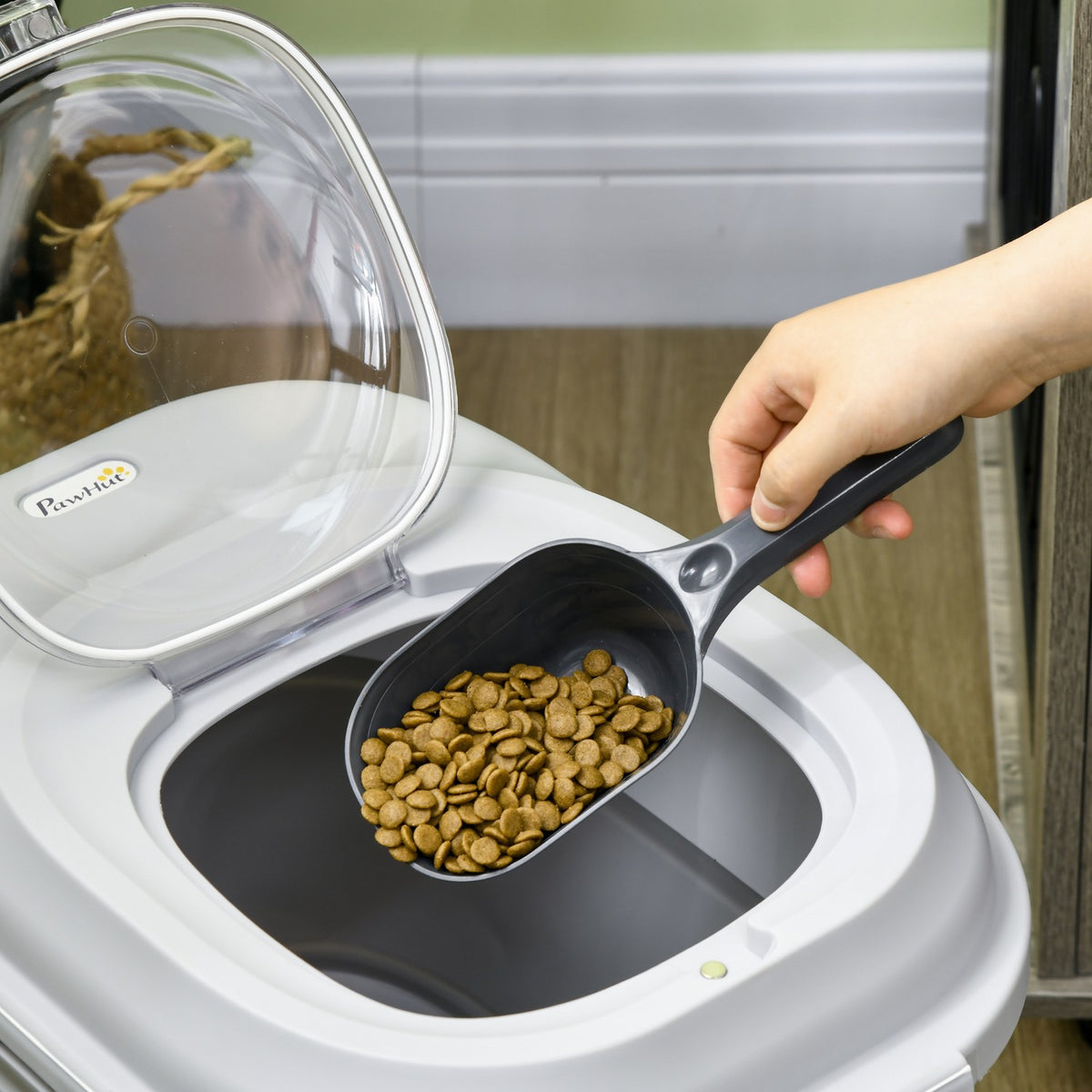 Dog food storage, 25L, 44x32x37cm, foldable, with 4-sided lid, wheels, bowls, measuring cup, scoop, plastic, gray