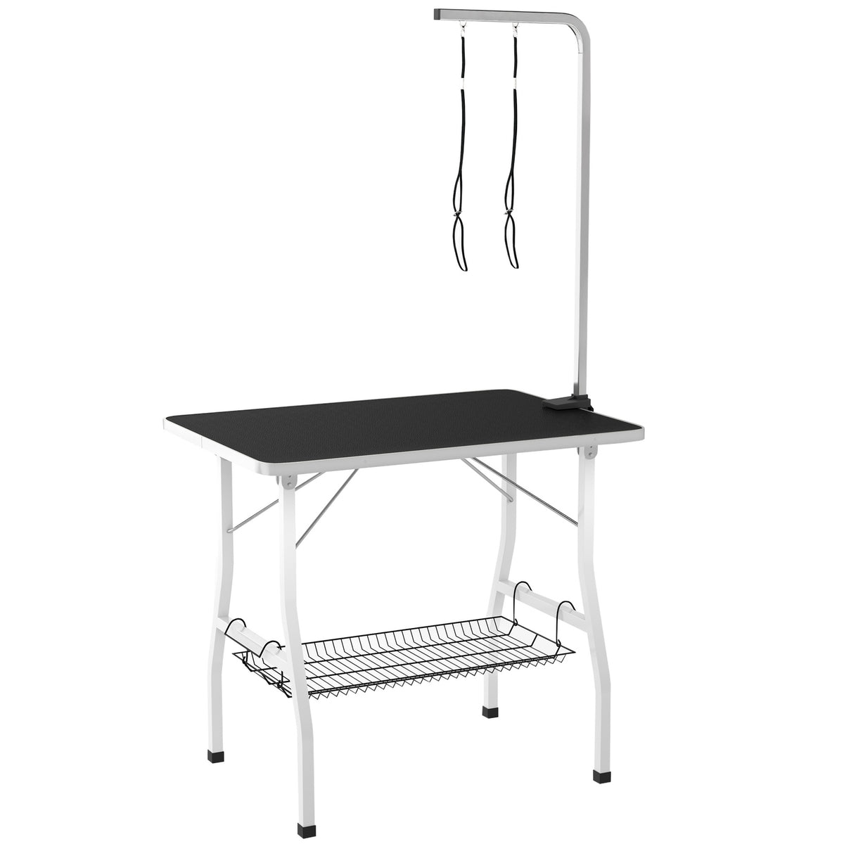 Dog grooming table, height-adjustable trimming table for dogs, foldable shearing table, pet grooming table with mesh basket, slings, for hair drying, hair cutting, load capacity up to 40kg Black+White