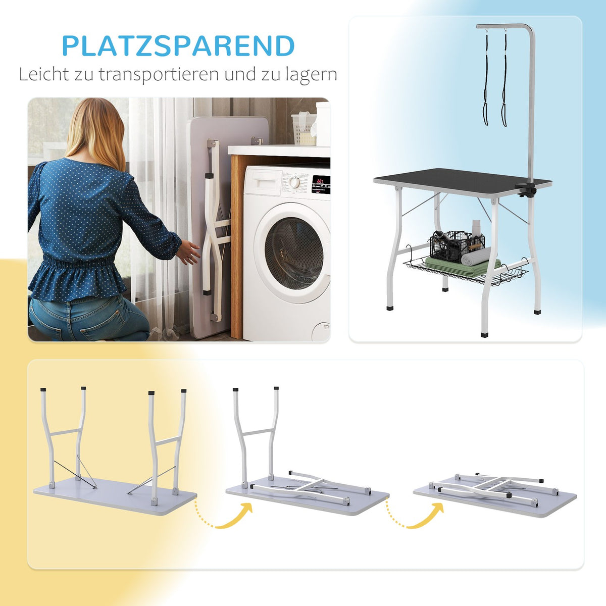 Dog grooming table, height-adjustable trimming table for dogs, foldable shearing table, pet grooming table with mesh basket, slings, for hair drying, hair cutting, load capacity up to 40kg Black+White