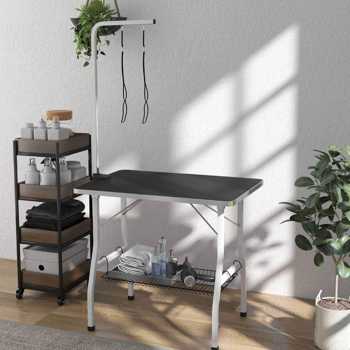 Dog grooming table, height-adjustable trimming table for dogs, foldable shearing table, pet grooming table with mesh basket, slings, for hair drying, hair cutting, load capacity up to 40kg Black+White