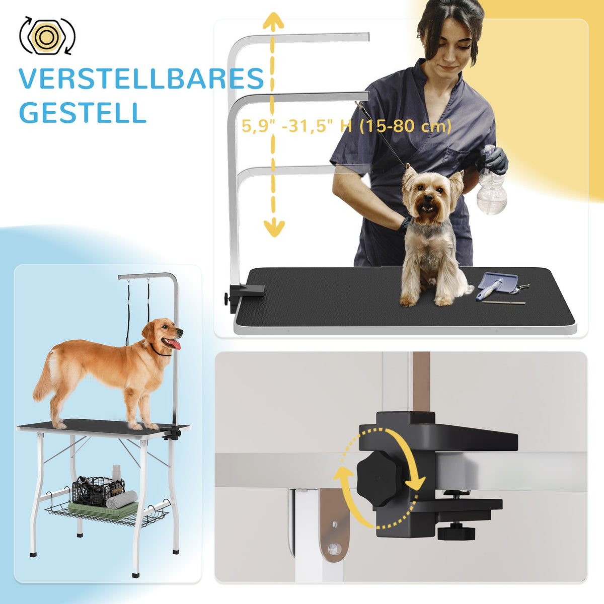 Dog grooming table, height-adjustable trimming table for dogs, foldable shearing table, pet grooming table with mesh basket, slings, for hair drying, hair cutting, load capacity up to 40kg Black+White