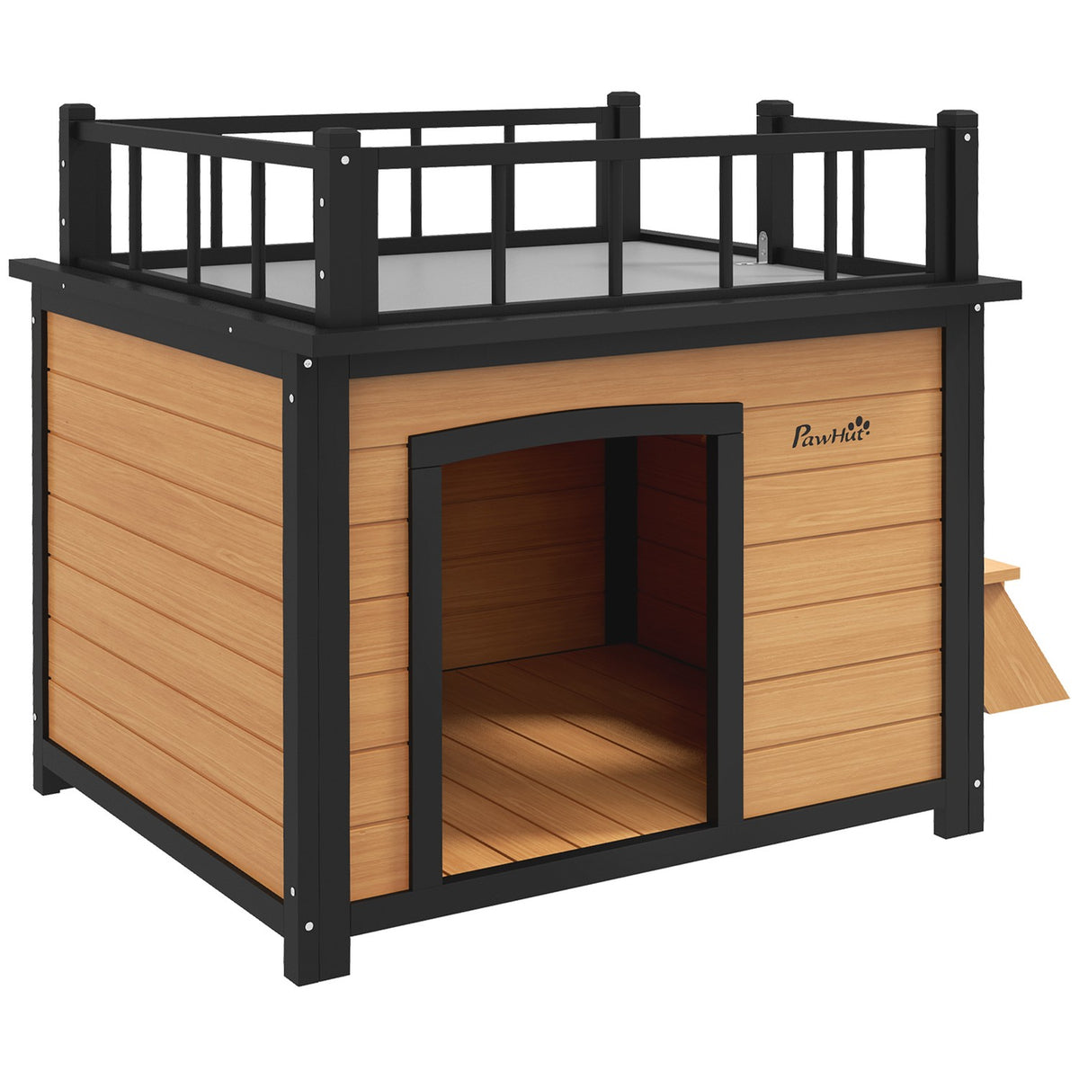 Dog house, dog house with balcony, stairs, window, dog cave for small/medium dogs, fir wood, yellow, 121x77x78cm