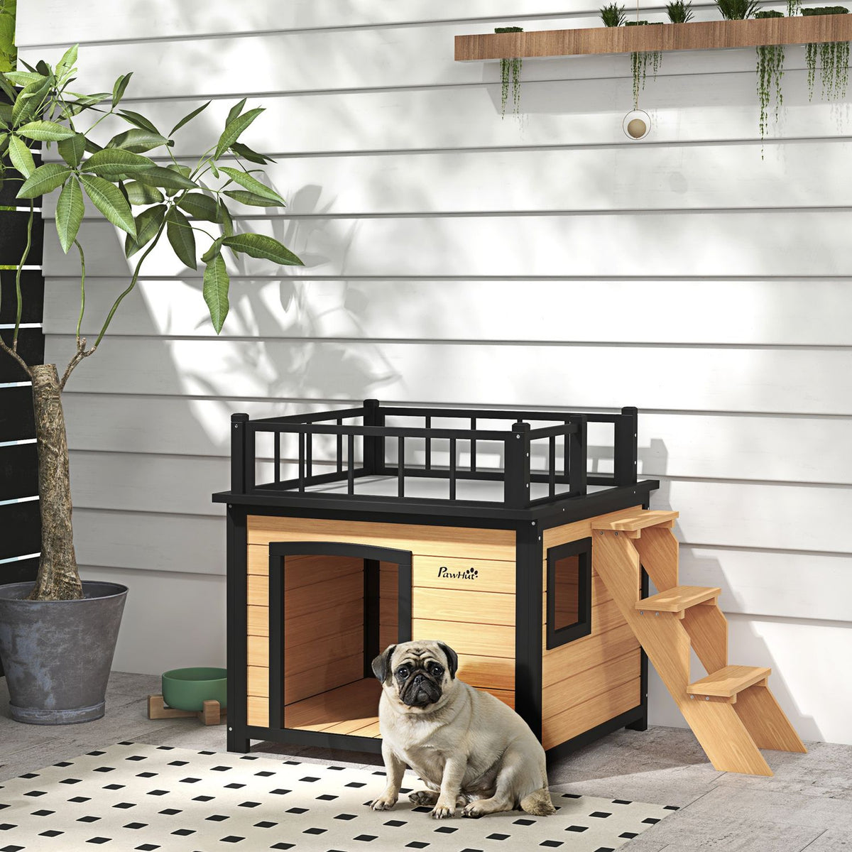 Dog house, dog house with balcony, stairs, window, dog cave for small/medium dogs, fir wood, yellow, 121x77x78cm