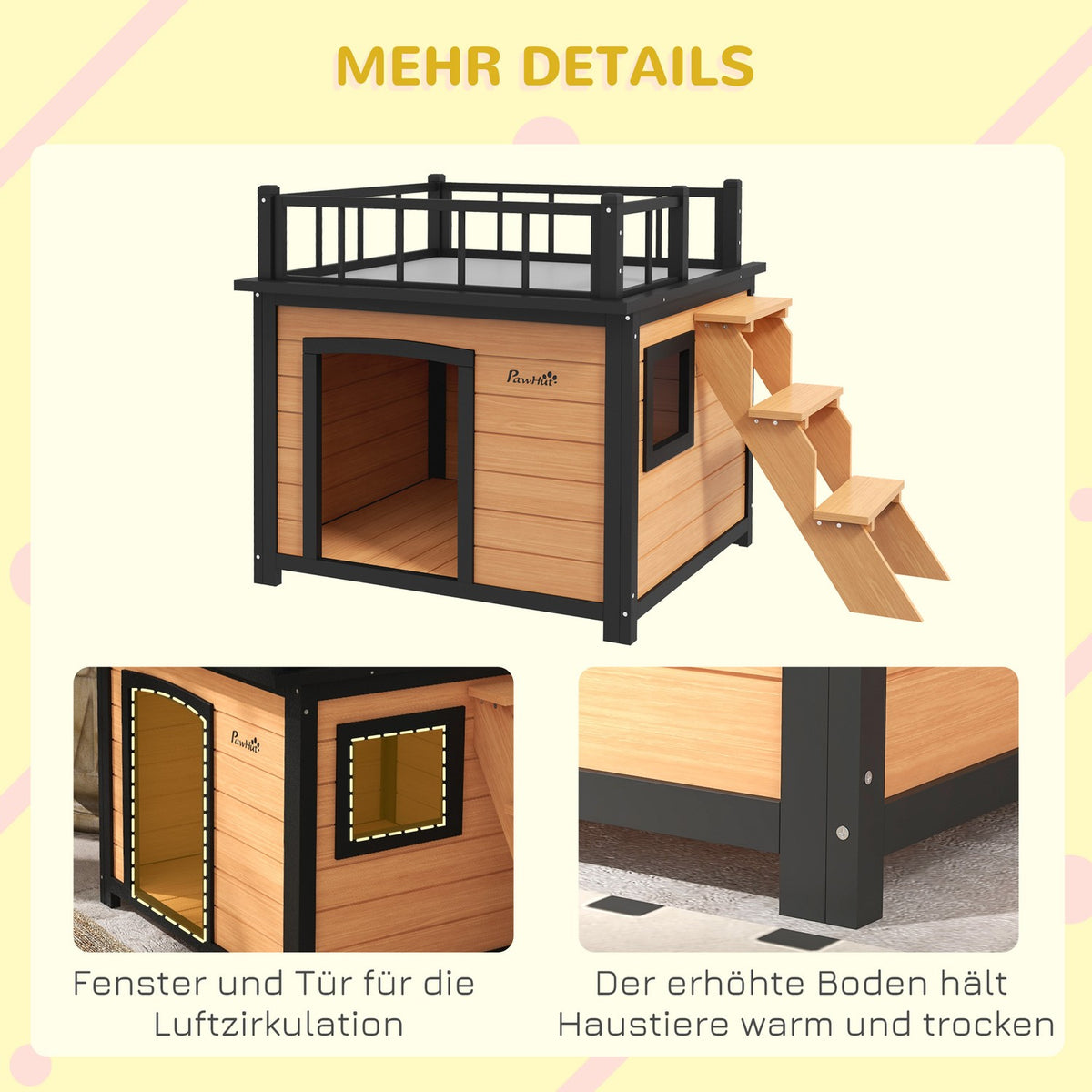 Dog house, dog house with balcony, stairs, window, dog cave for small/medium dogs, fir wood, yellow, 121x77x78cm