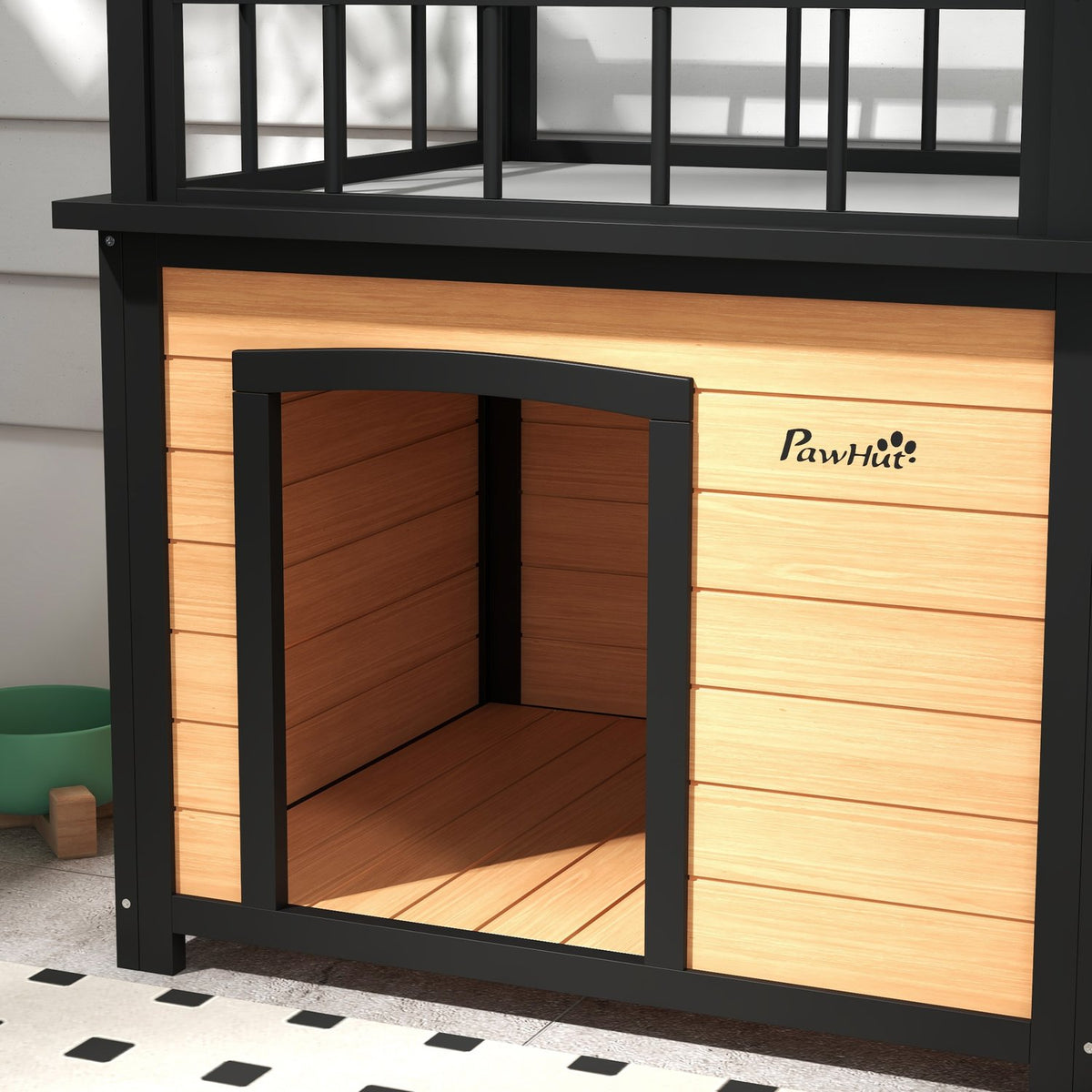 Dog house, dog house with balcony, stairs, window, dog cave for small/medium dogs, fir wood, yellow, 121x77x78cm