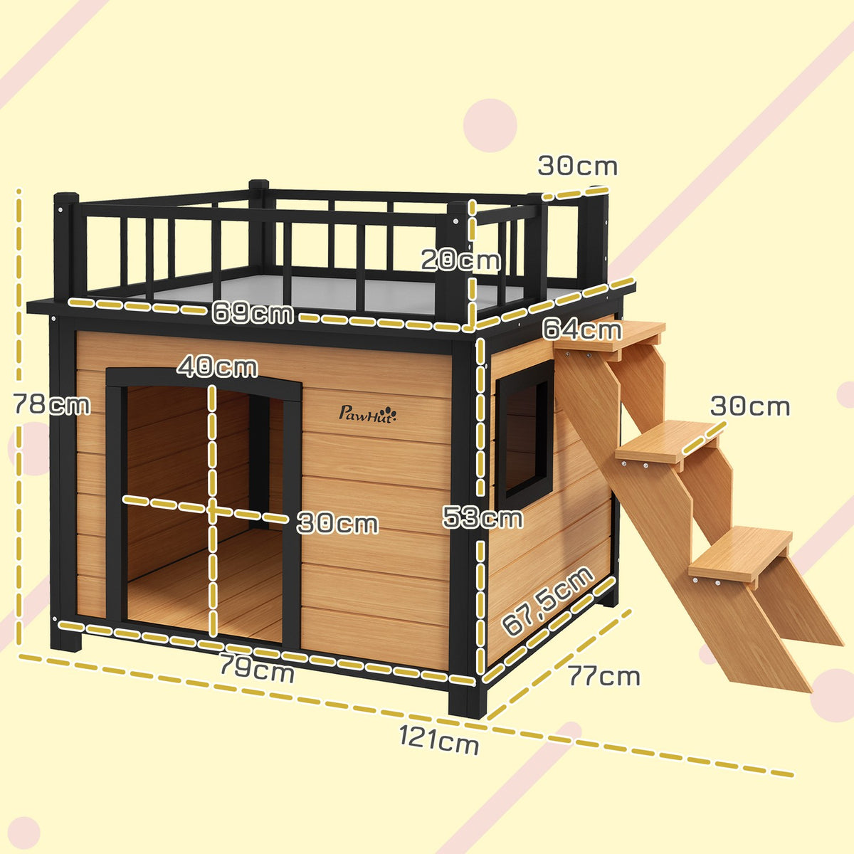 Dog house, dog house with balcony, stairs, window, dog cave for small/medium dogs, fir wood, yellow, 121x77x78cm