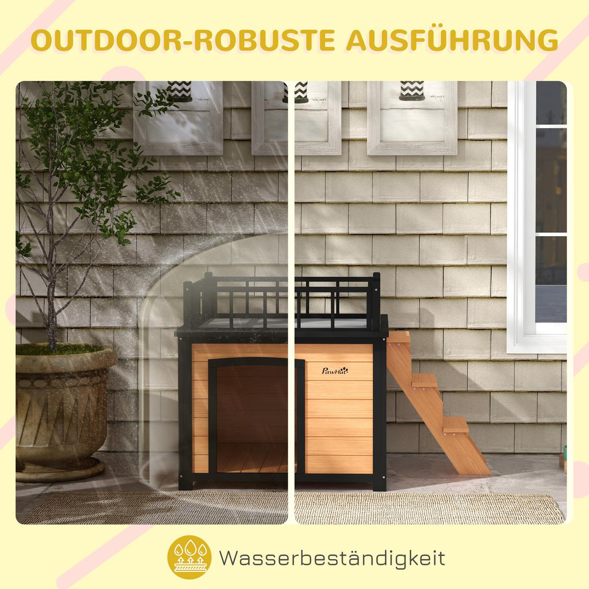 Dog house, dog house with balcony, stairs, window, dog cave for small/medium dogs, fir wood, yellow, 121x77x78cm