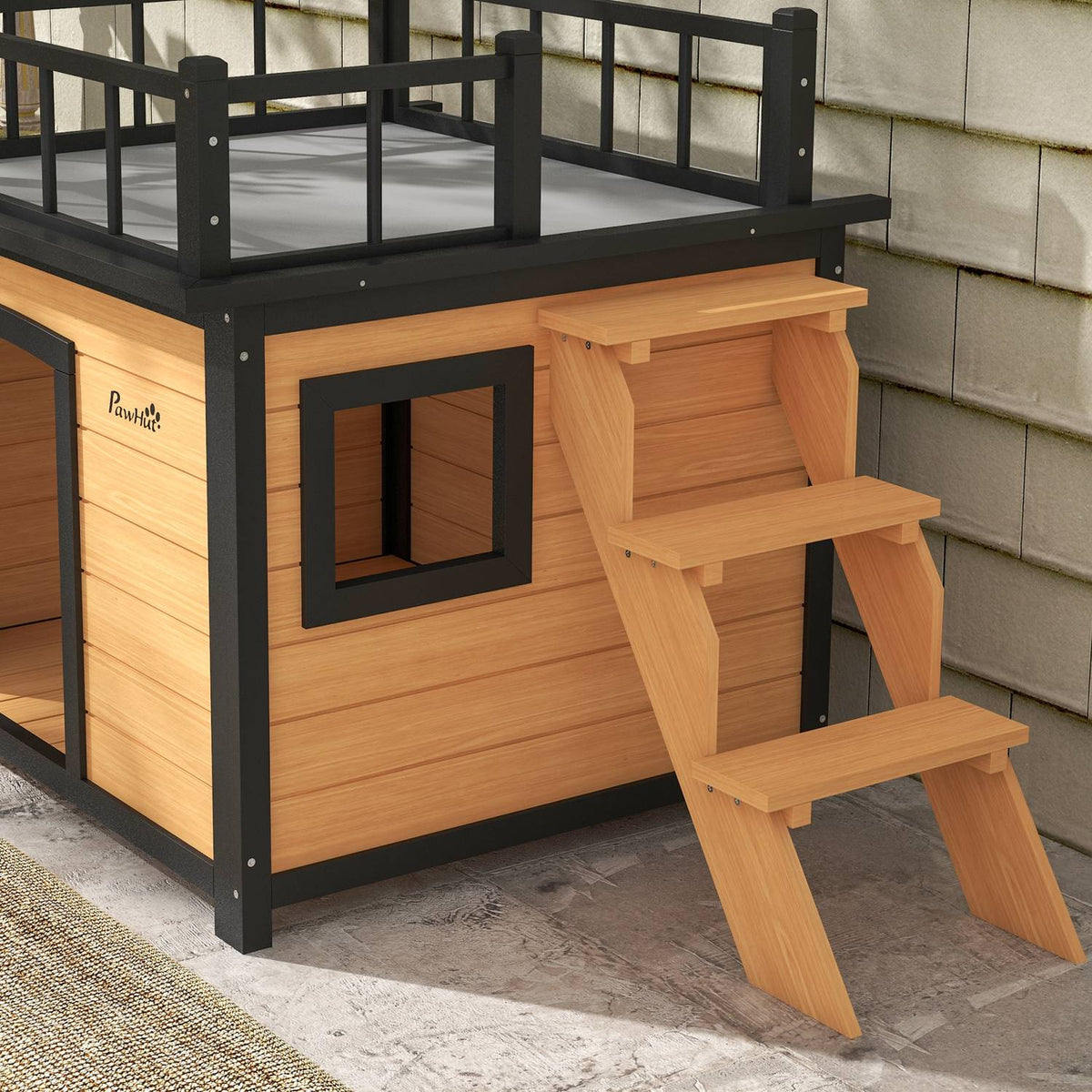 Dog house, dog house with balcony, stairs, window, dog cave for small/medium dogs, fir wood, yellow, 121x77x78cm