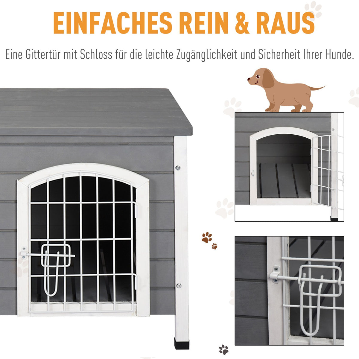 Dog house, waterproof dog house with door, mesh box for outdoor use, fir, grey, 80x55x53.5 cm